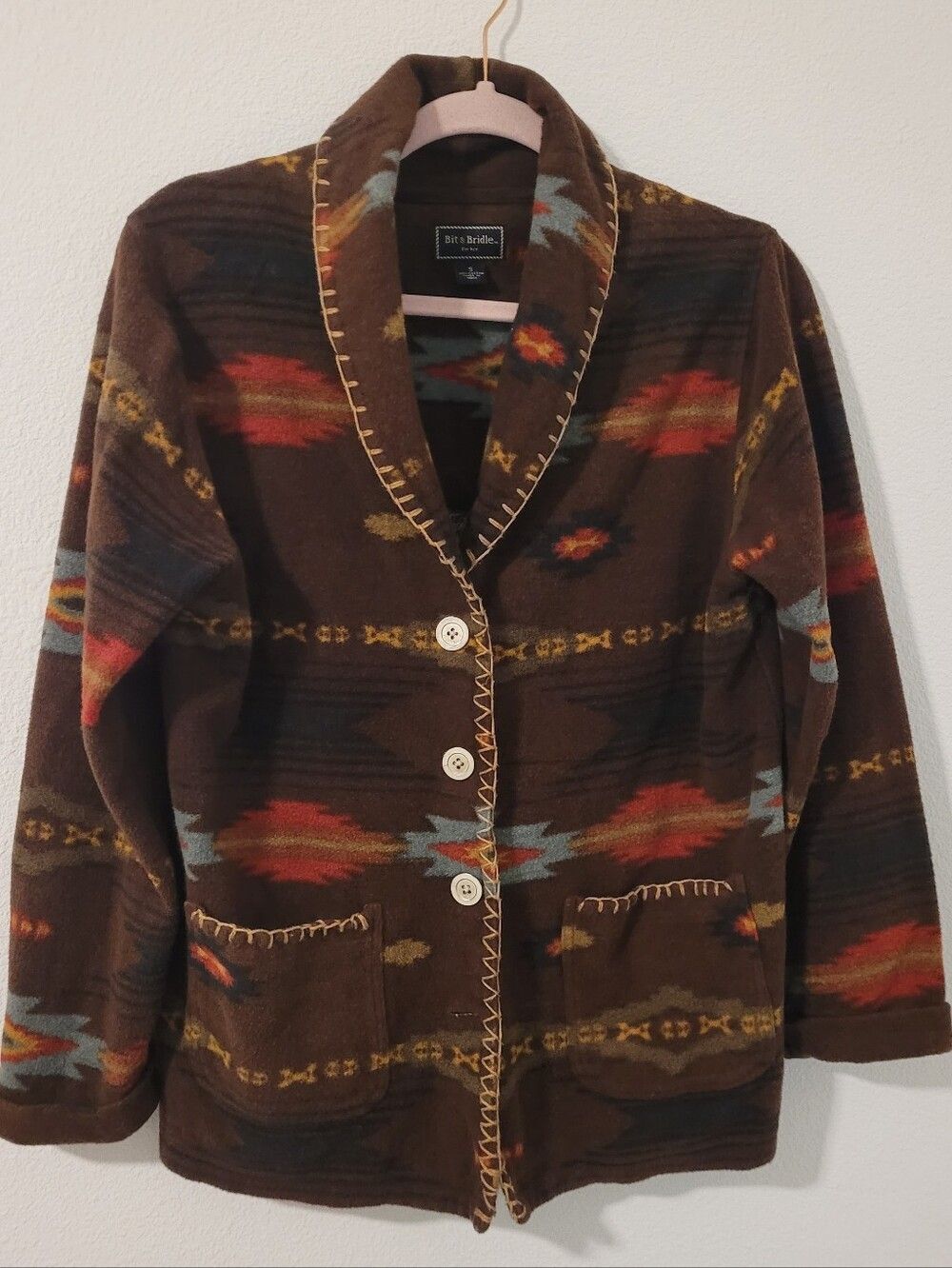 Bit & Bridle Southwestern Aztec Blanket Jacket Brown Cotton Fleece Small S Cozy
